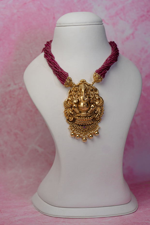 Antique Pink Beads Ganesha Necklace Set