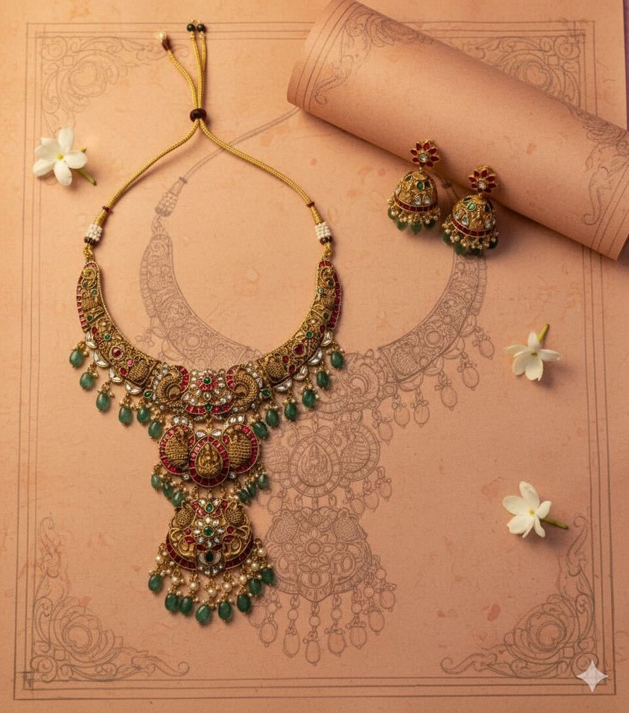 Detachable Antique Gold Lakshmi Temple Necklace Set