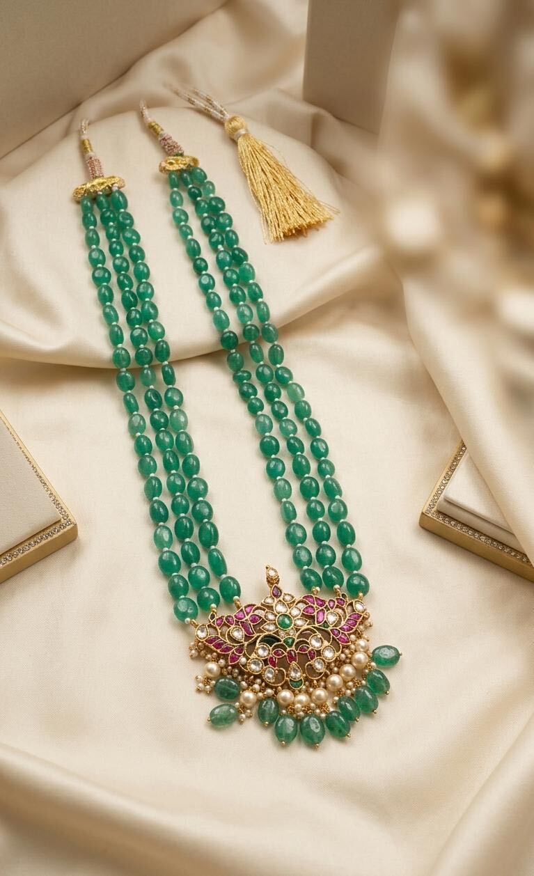 Emerald Green Kundan Pearl Statement Necklace Set