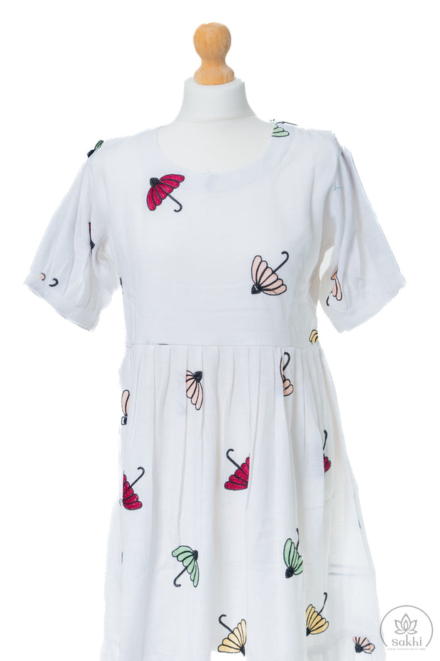 Umbrella Embroidered White Dress