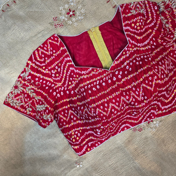 Golden Tissue Saree With Bandhani Blouse