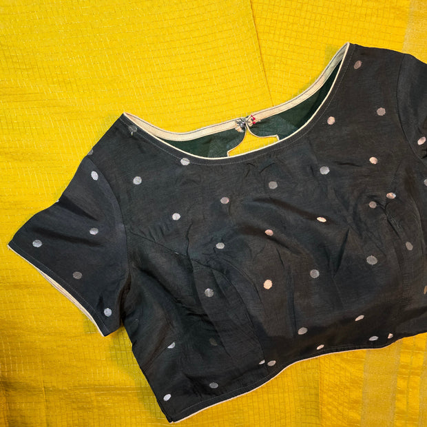 Yellow Maslin Silk Saree With Dark Green Blouse