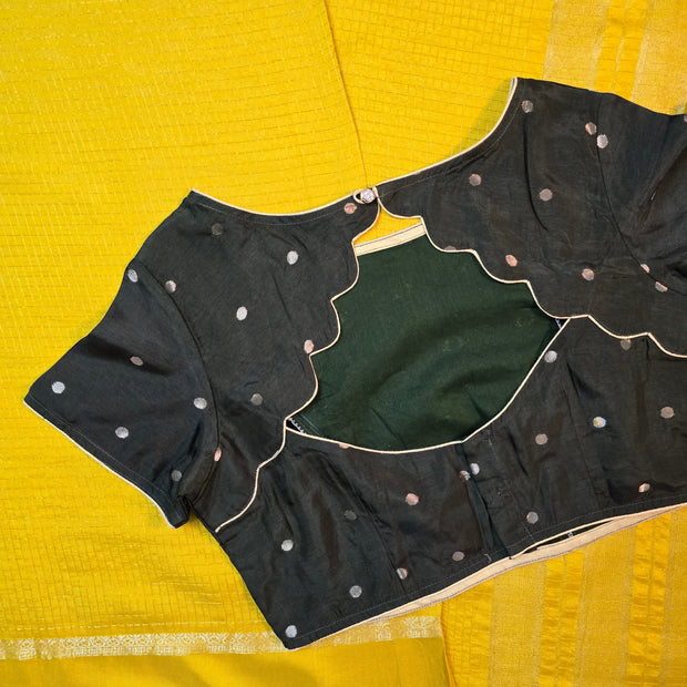 Yellow Maslin Silk Saree With Dark Green Blouse