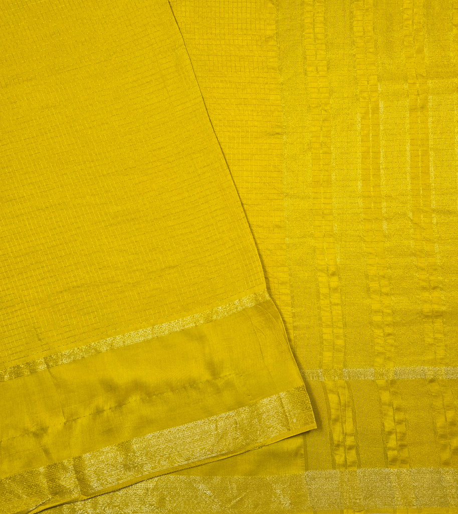 Yellow Maslin Silk Saree With Dark Green Blouse