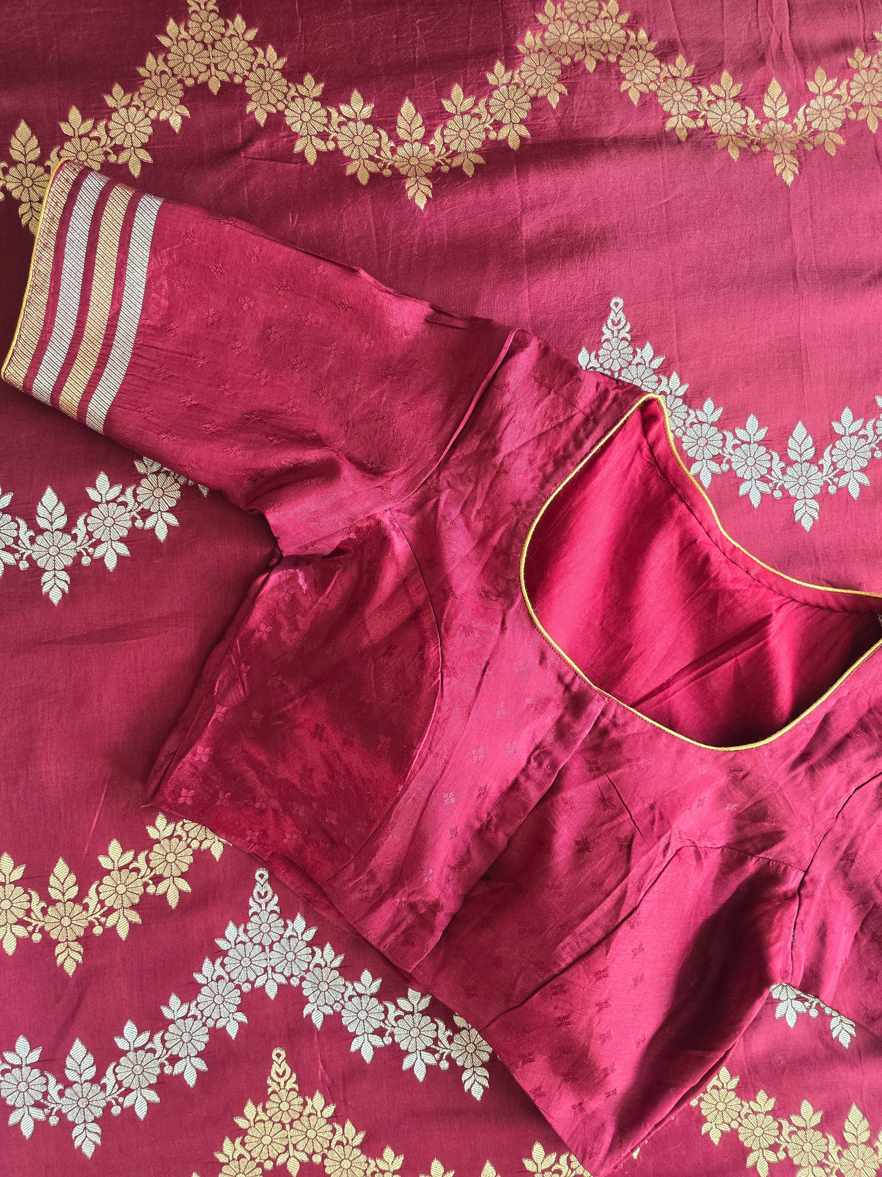 Maroon Raw Mango Saree With Matching Blouse