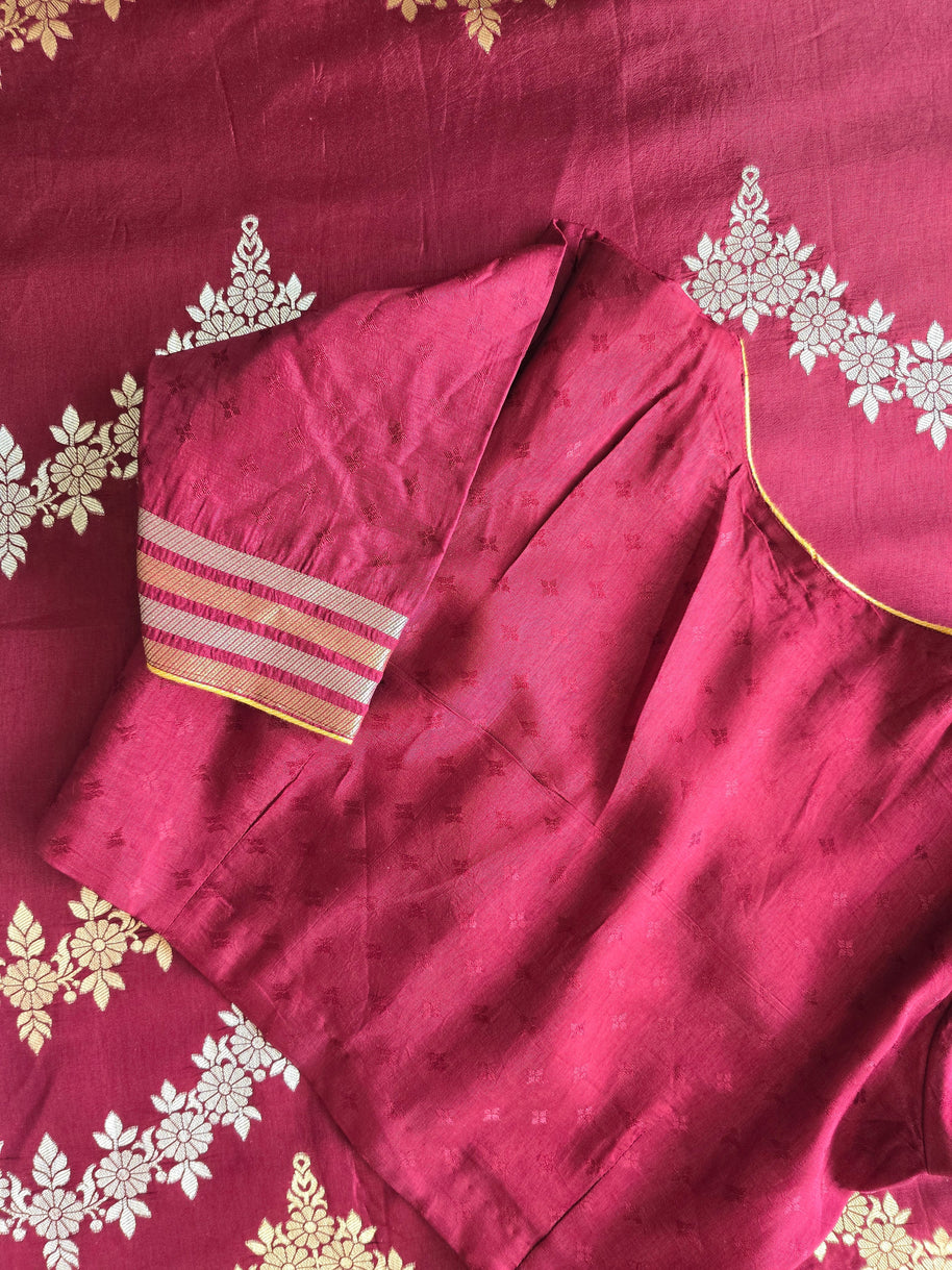 Maroon Raw Mango Saree With Matching Blouse