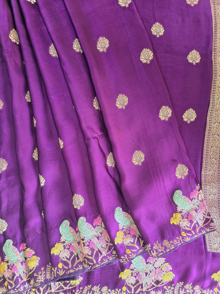 Purple Mashru Satin Saree With Matching Blouse