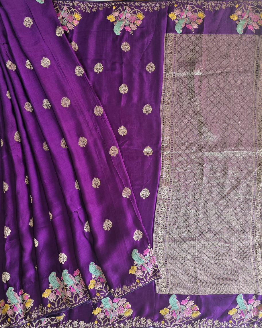 Purple Mashru Satin Saree With Matching Blouse