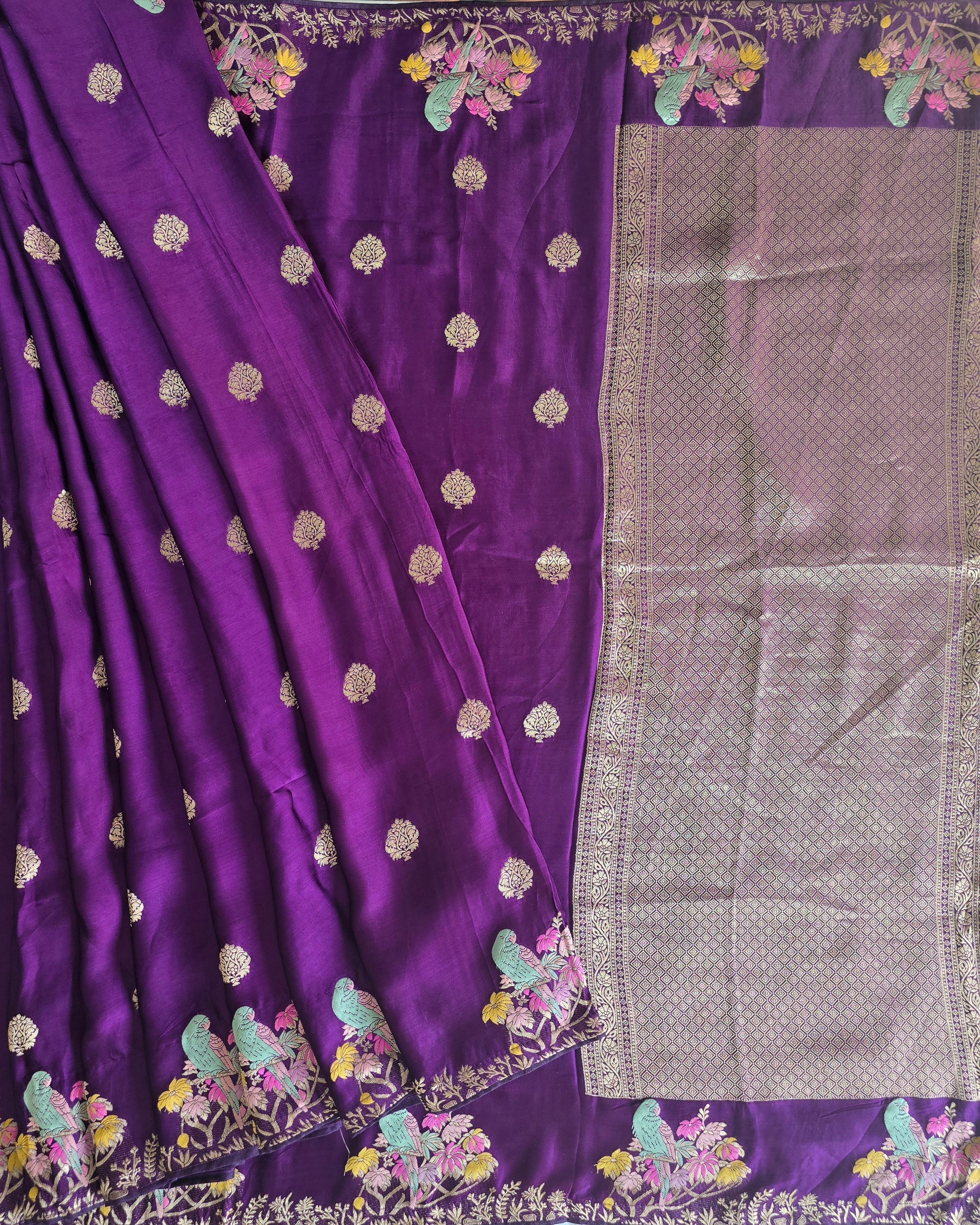 Purple Mashru Satin Saree With Matching Blouse
