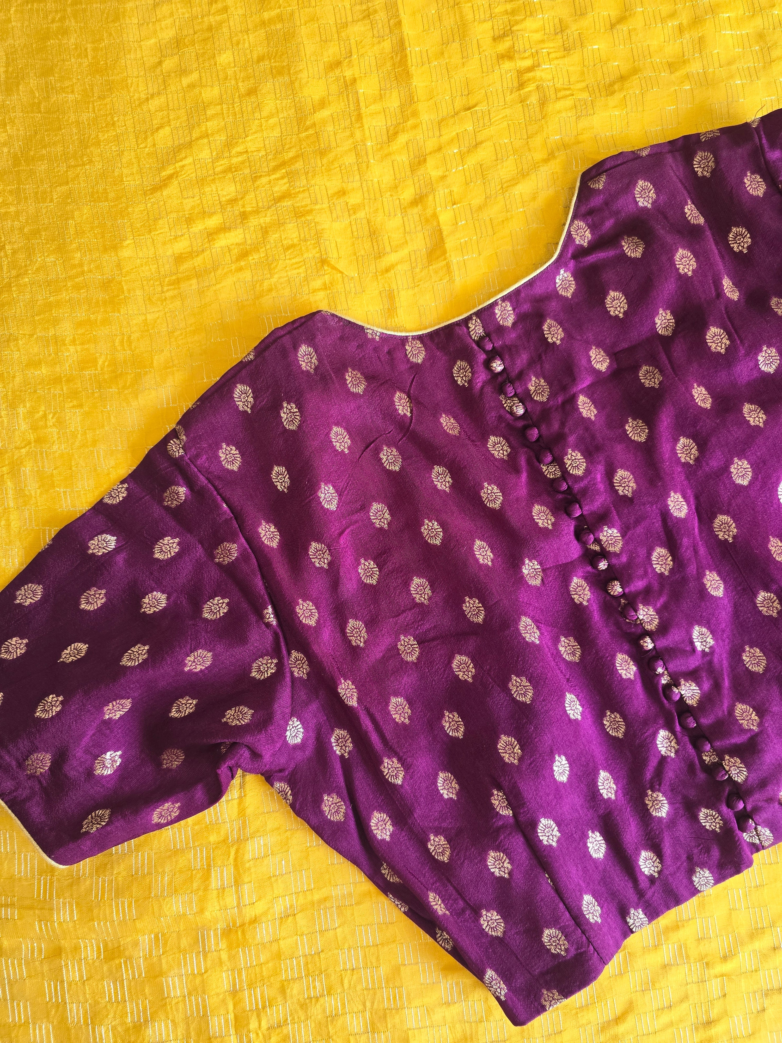 Mango Yellow Mysore Crape Saree With Purple Blouse