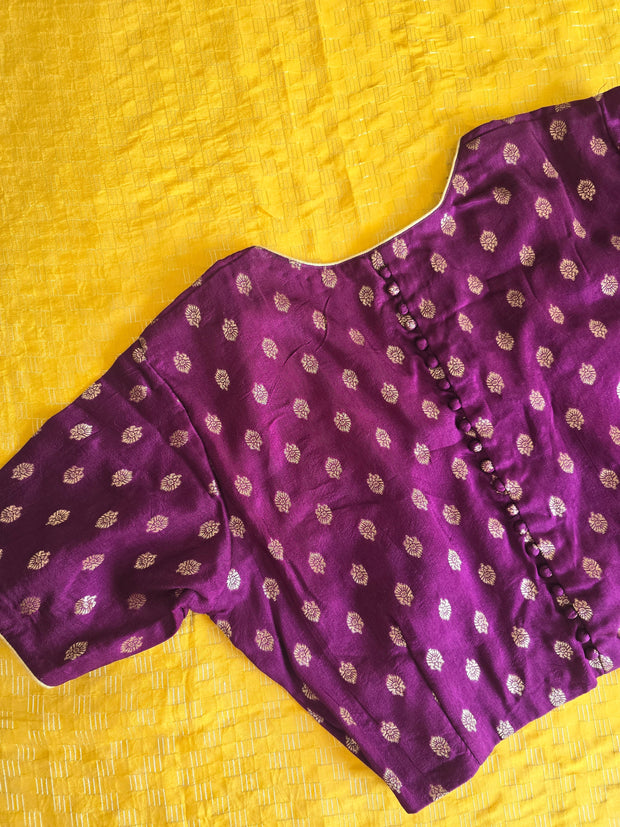 Mango Yellow Mysore Crape Saree With Purple Blouse