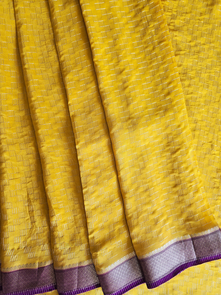 Mango Yellow Mysore Crape Saree With Purple Blouse
