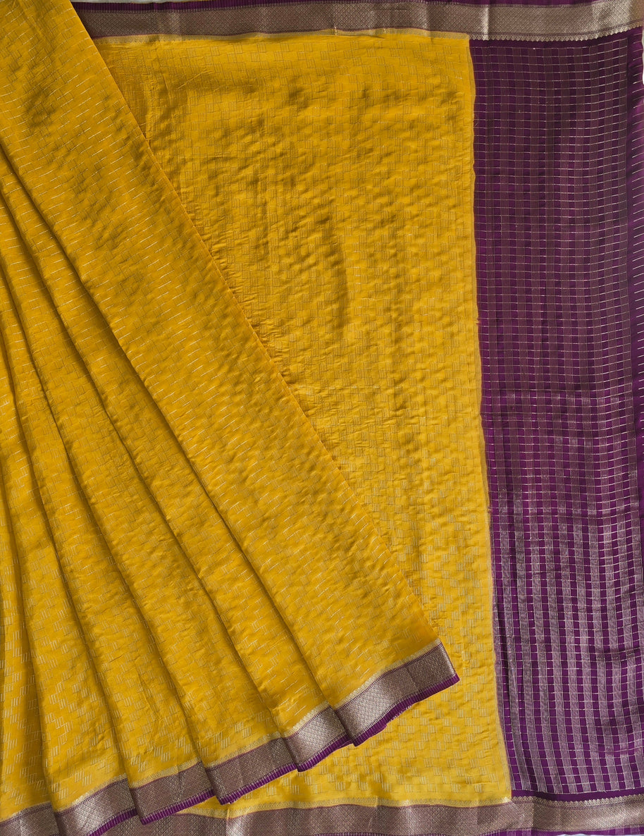 Mango Yellow Mysore Crape Saree With Purple Blouse