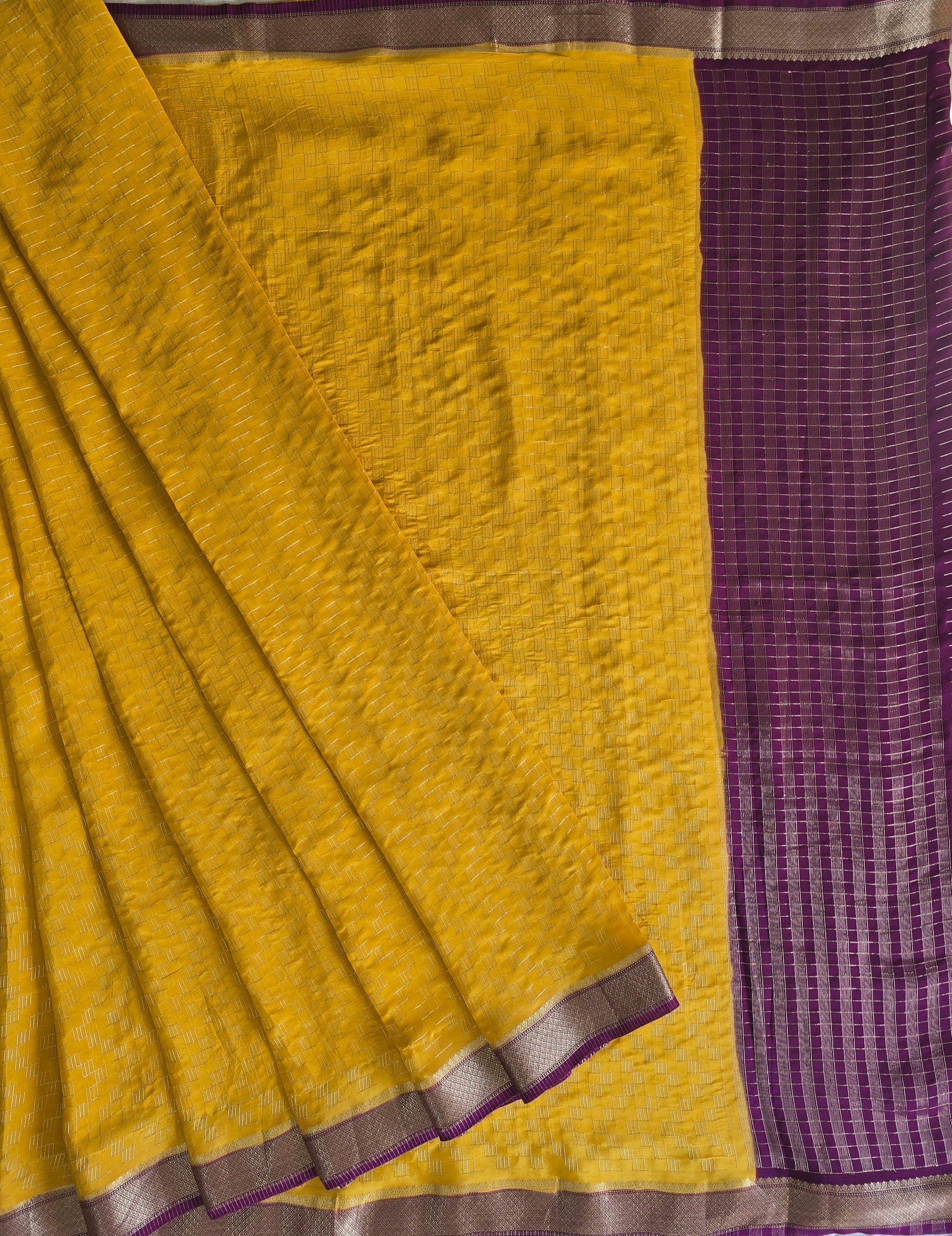 Mango Yellow Mysore Crape Saree With Purple Blouse