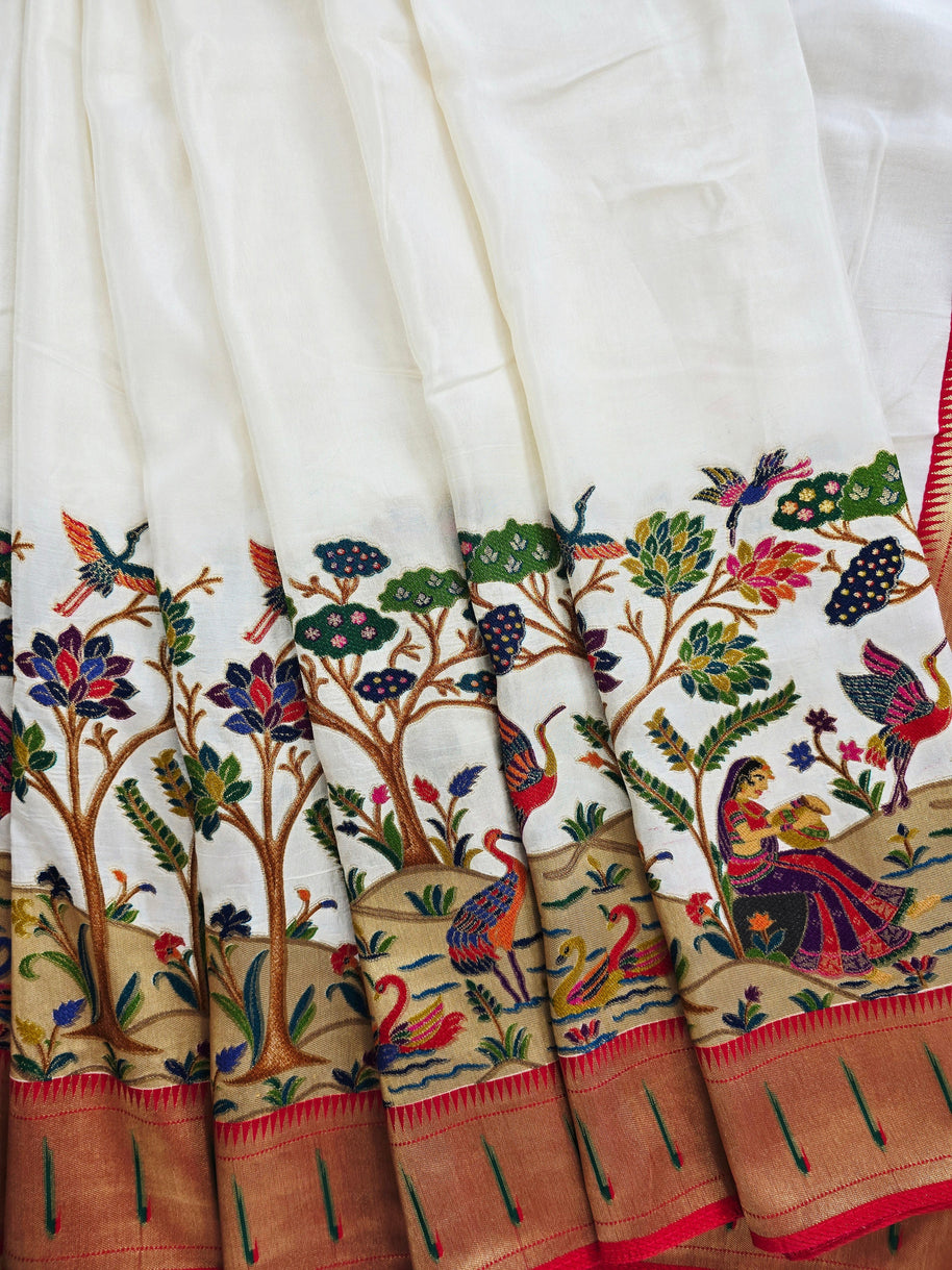 White Dola Paithani with Red Blouse