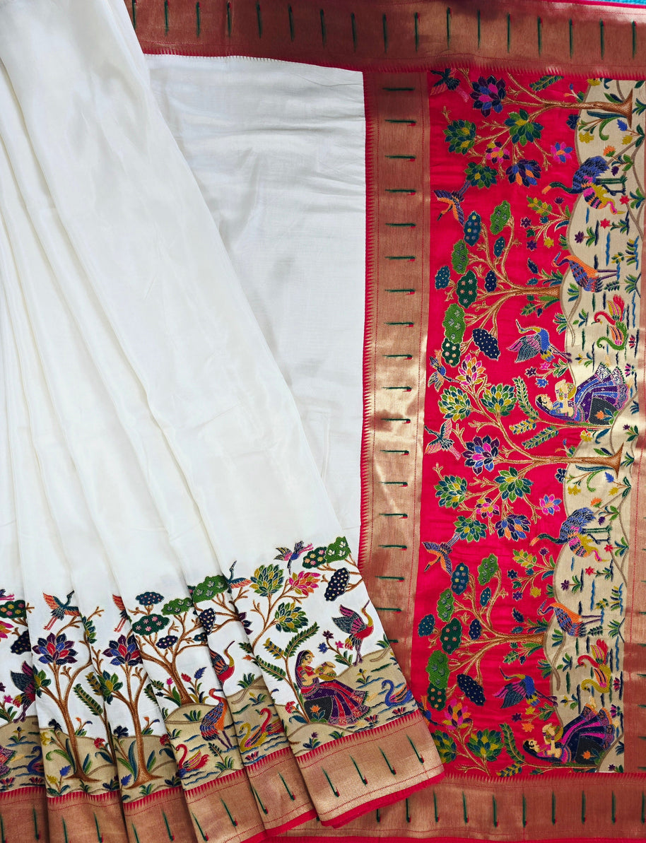White Dola Paithani with Red Blouse
