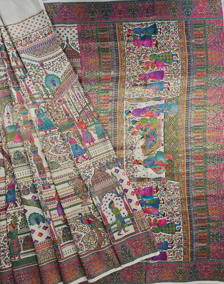 White Munga Silk Saree With Pink Blouse