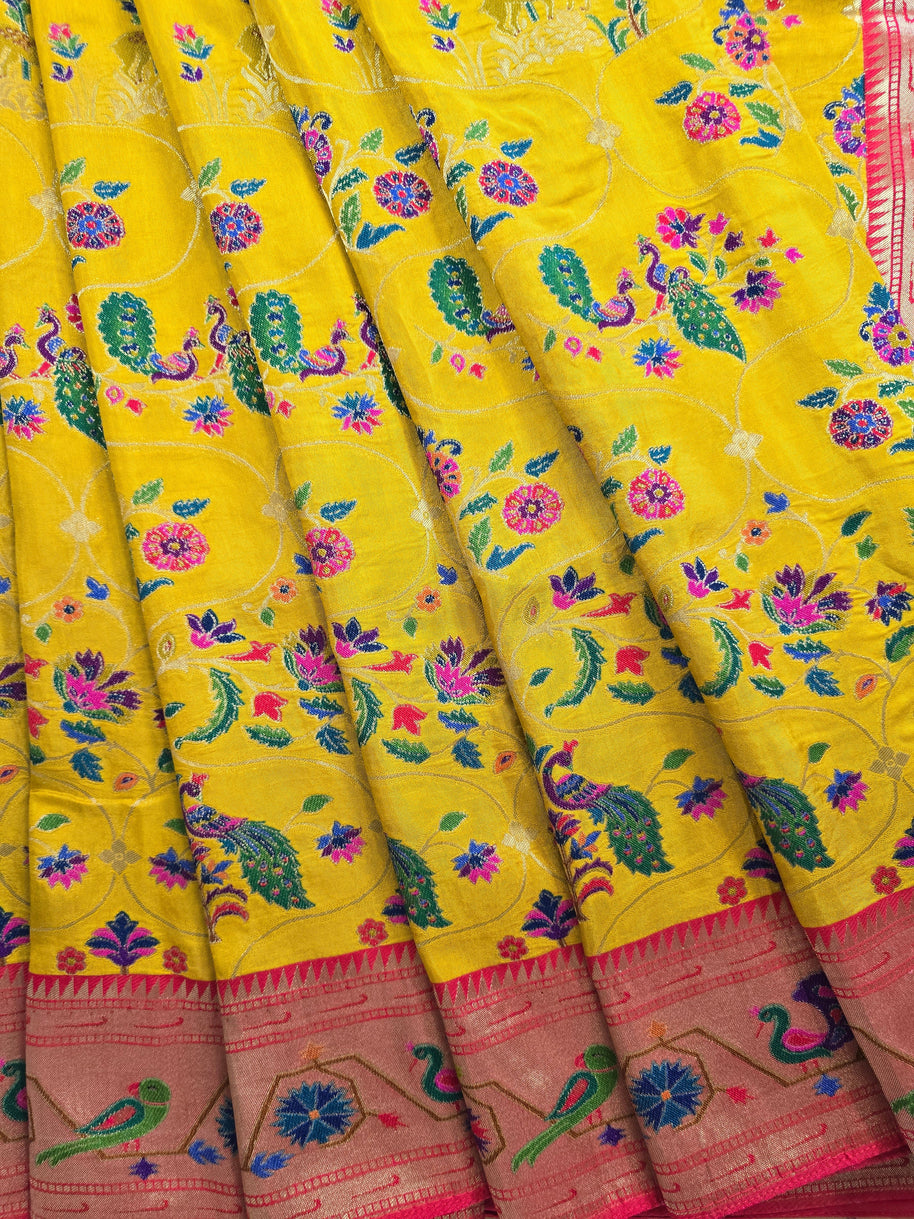 Yellow Pure Dola Paithani Saree with Red Blouse