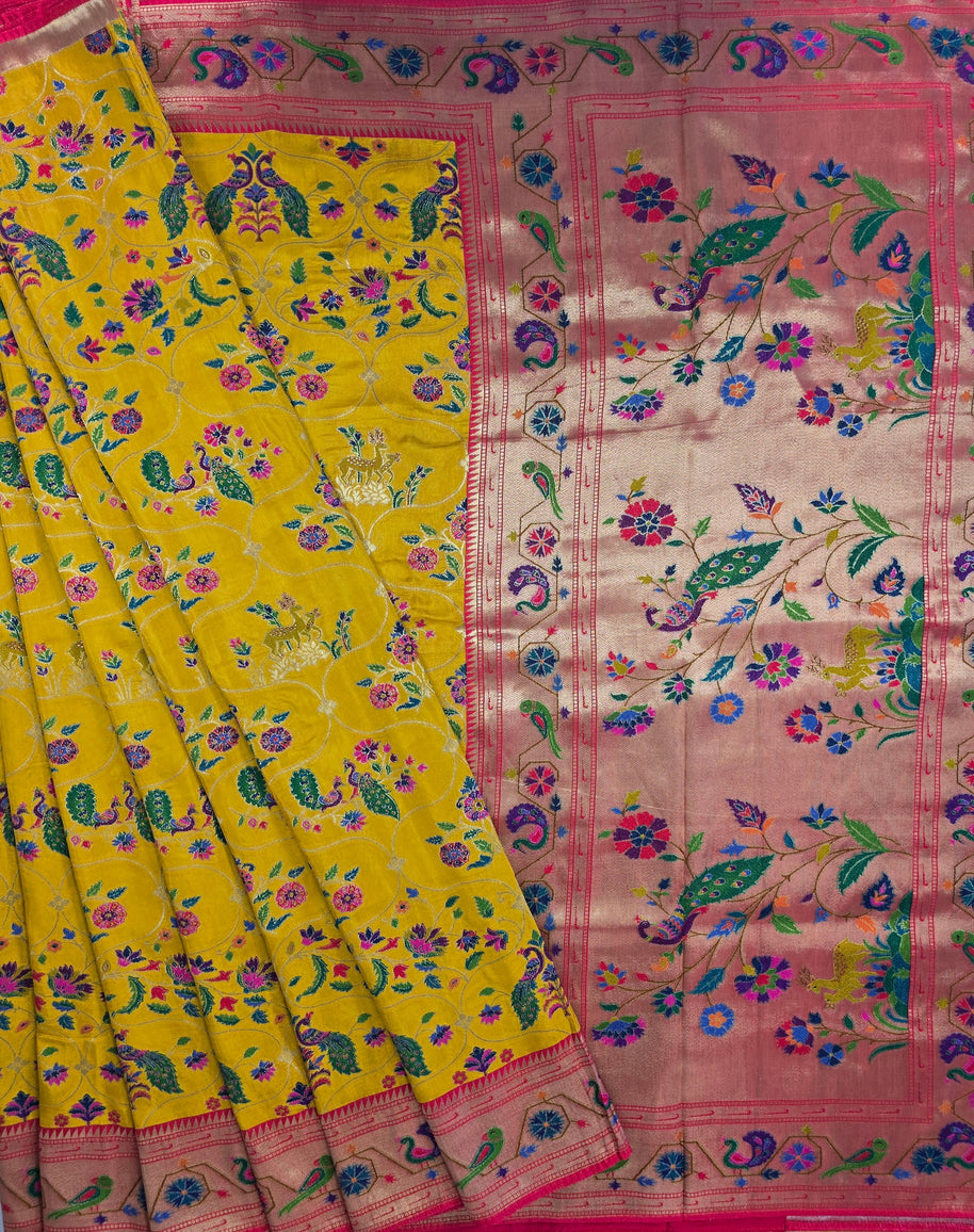 Yellow Pure Dola Paithani Saree with Red Blouse