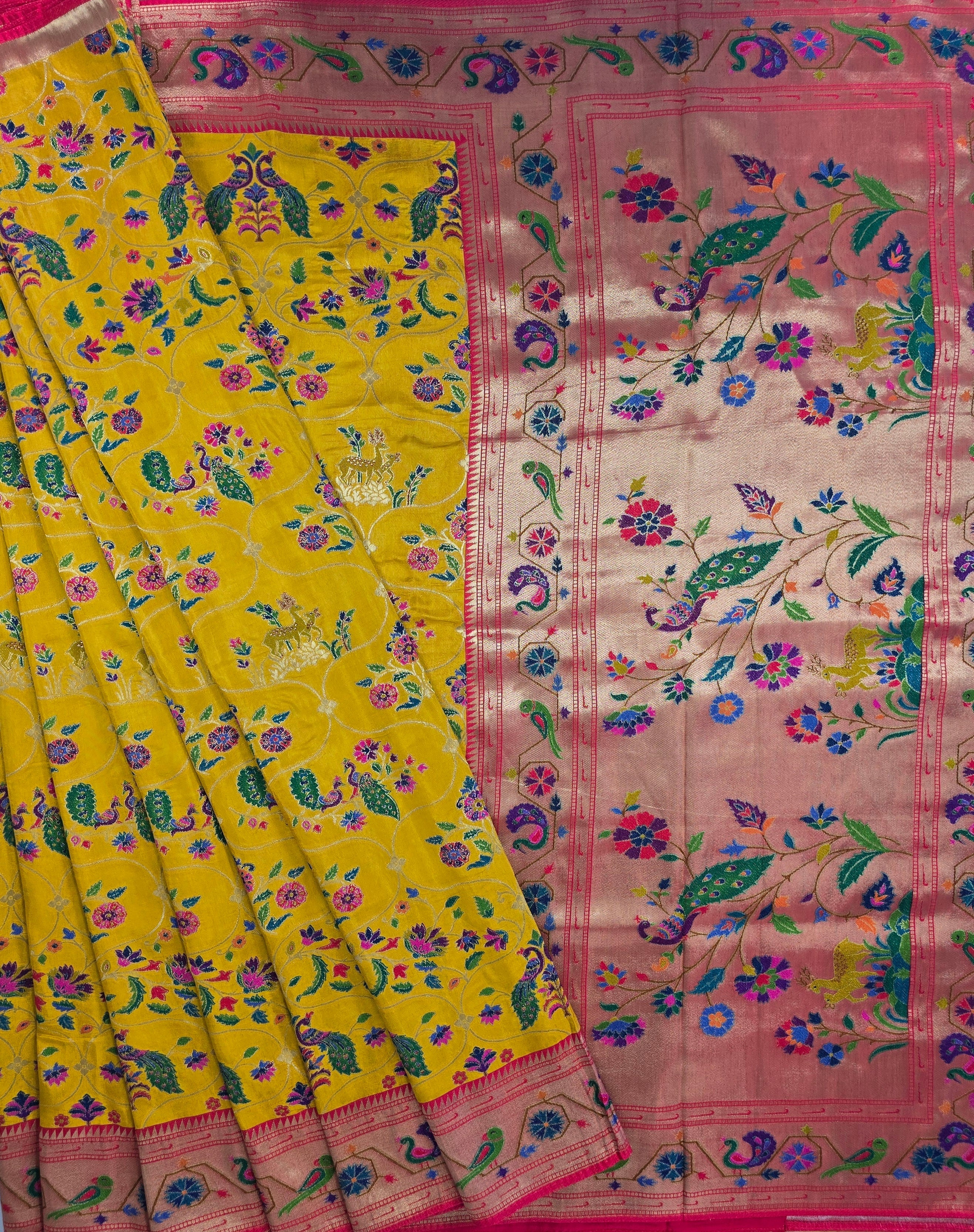 Yellow Pure Dola Paithani Saree with Red Blouse