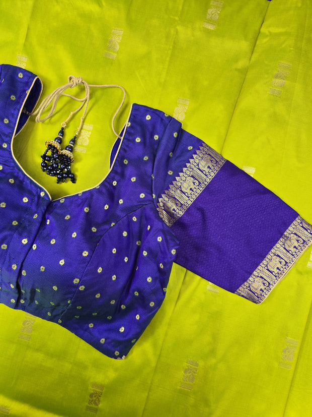 Parrot Green Semi-Arni Saree with Blue Blouse