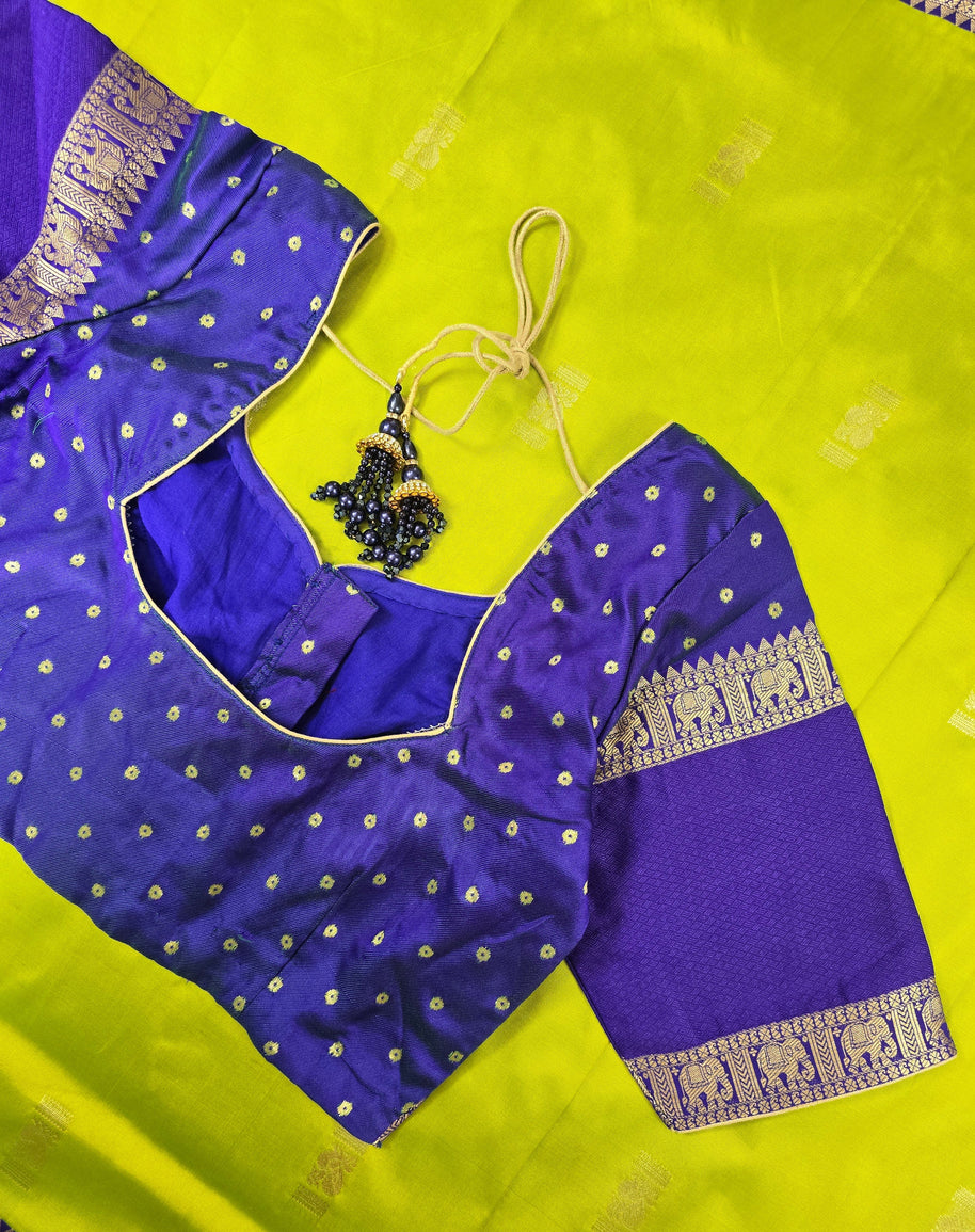 Parrot Green Semi-Arni Saree with Blue Blouse