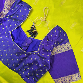 Parrot Green Semi-Arni Saree with Blue Blouse