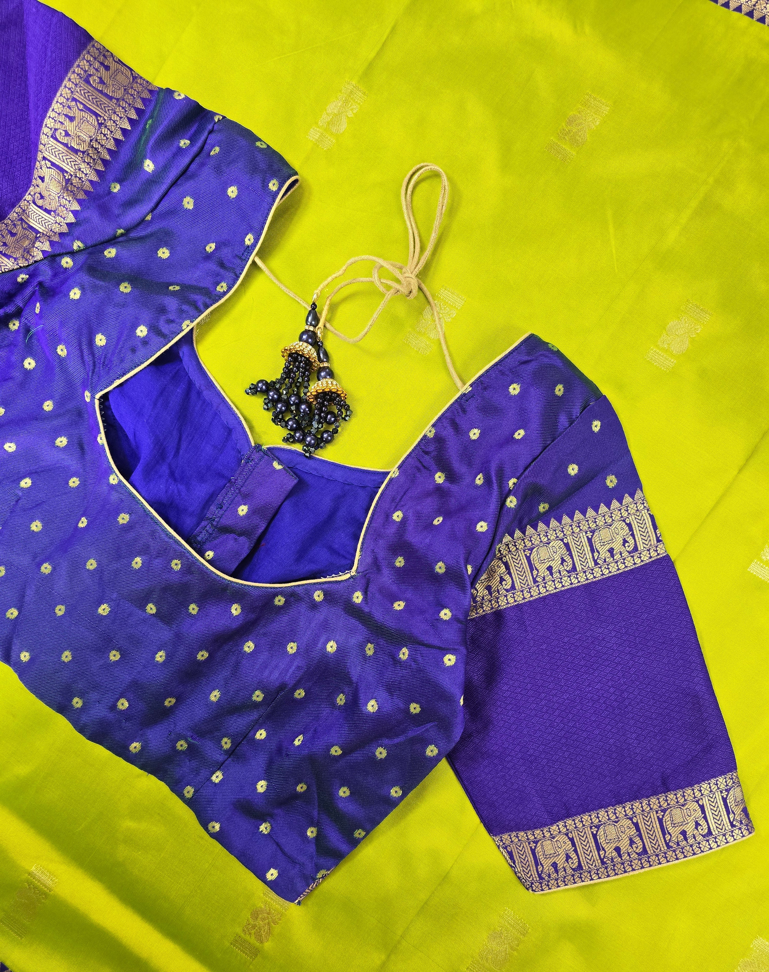 Parrot Green Semi-Arni Saree with Blue Blouse