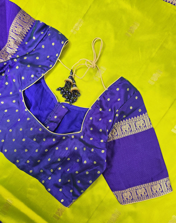 Parrot Green Semi-Arni Saree with Blue Blouse