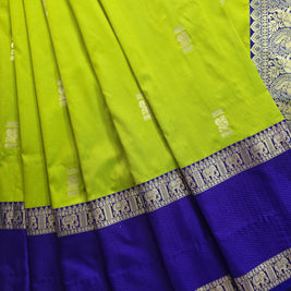 Parrot Green Semi-Arni Saree with Blue Blouse