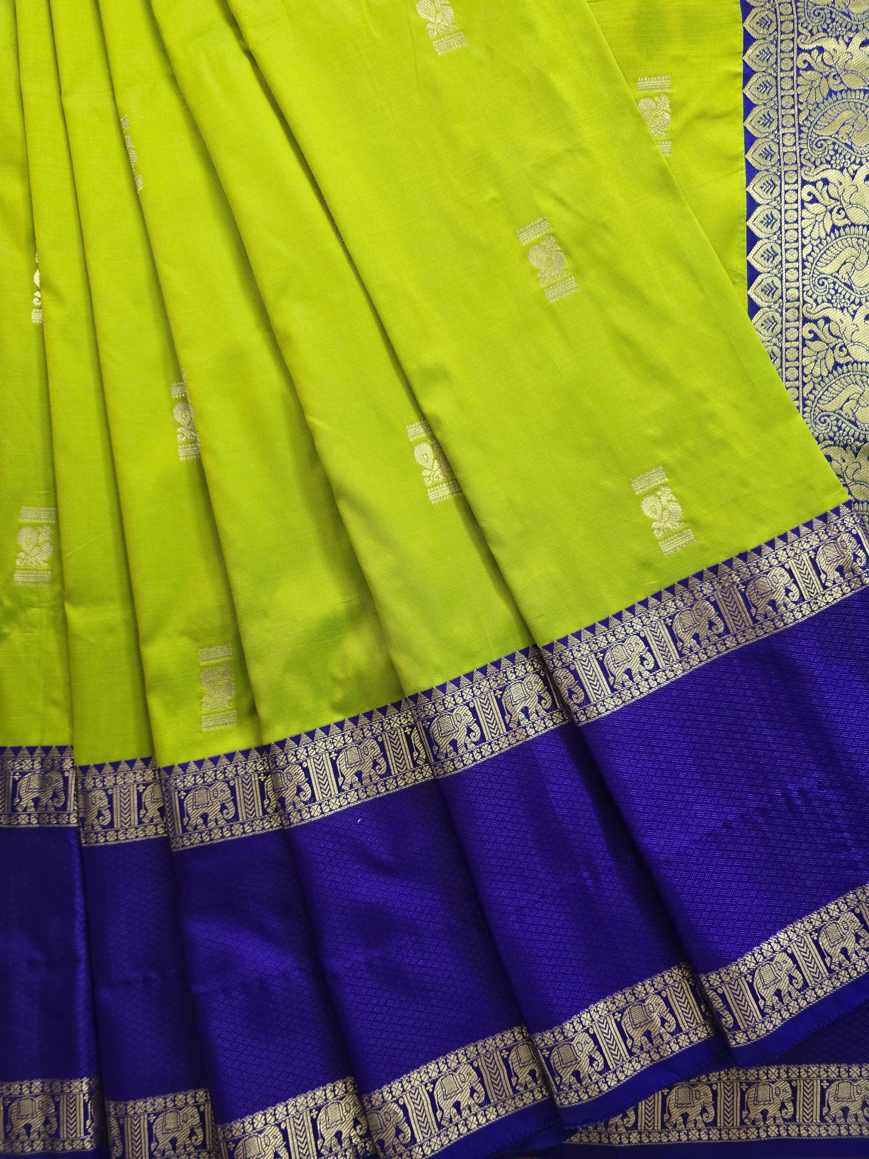 Parrot Green Semi-Arni Saree with Blue Blouse