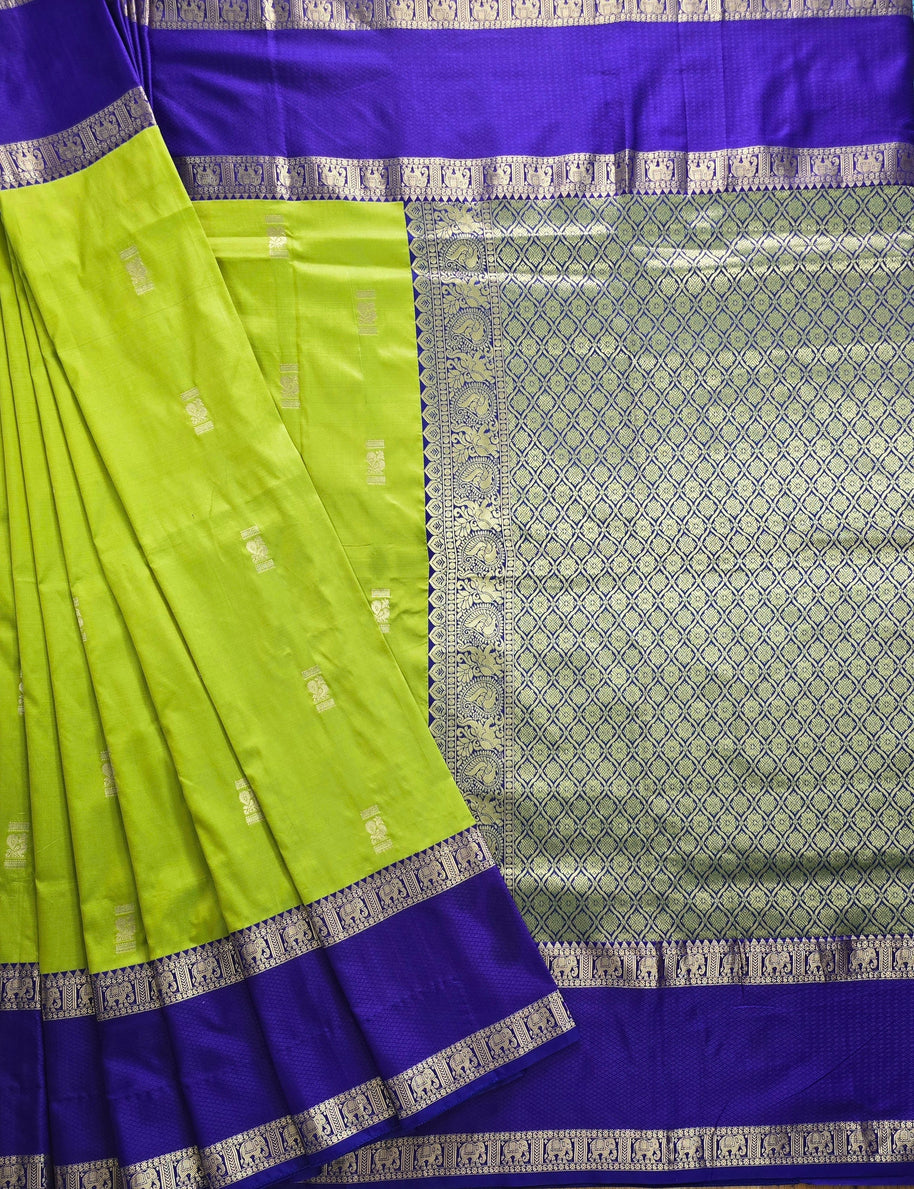 Parrot Green Semi-Arni Saree with Blue Blouse