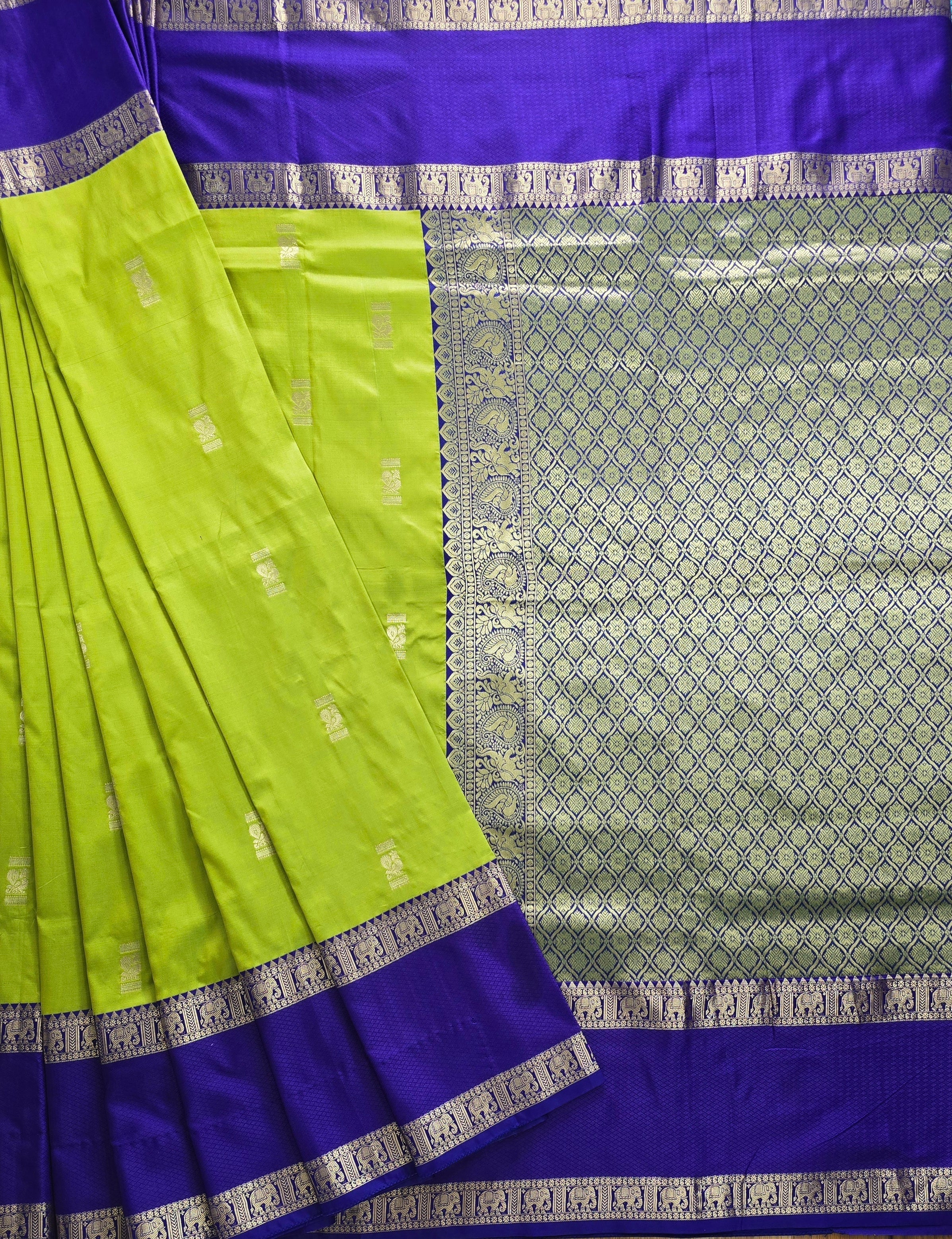 Parrot Green Semi-Arni Saree with Blue Blouse