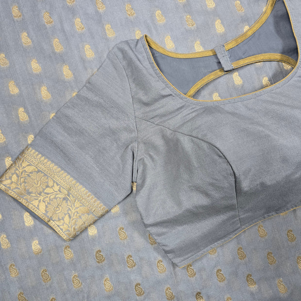 Grey Semi-Benarasi Saree with Matching Blouse