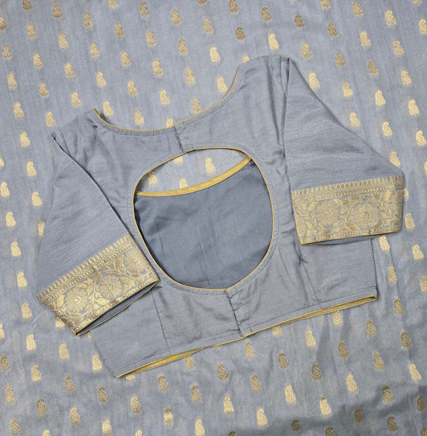 Grey Semi-Benarasi Saree with Matching Blouse