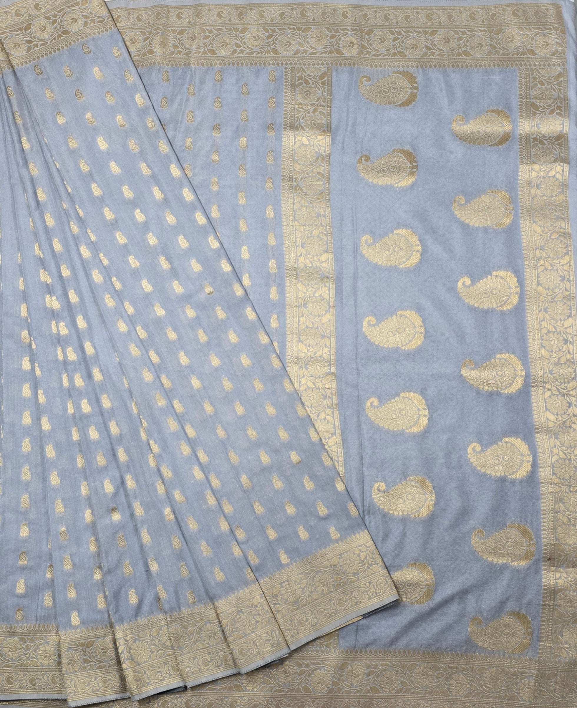 Grey Semi-Benarasi Saree with Matching Blouse