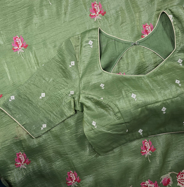 Sage Green Crush Organza Saree with Matching Blouse