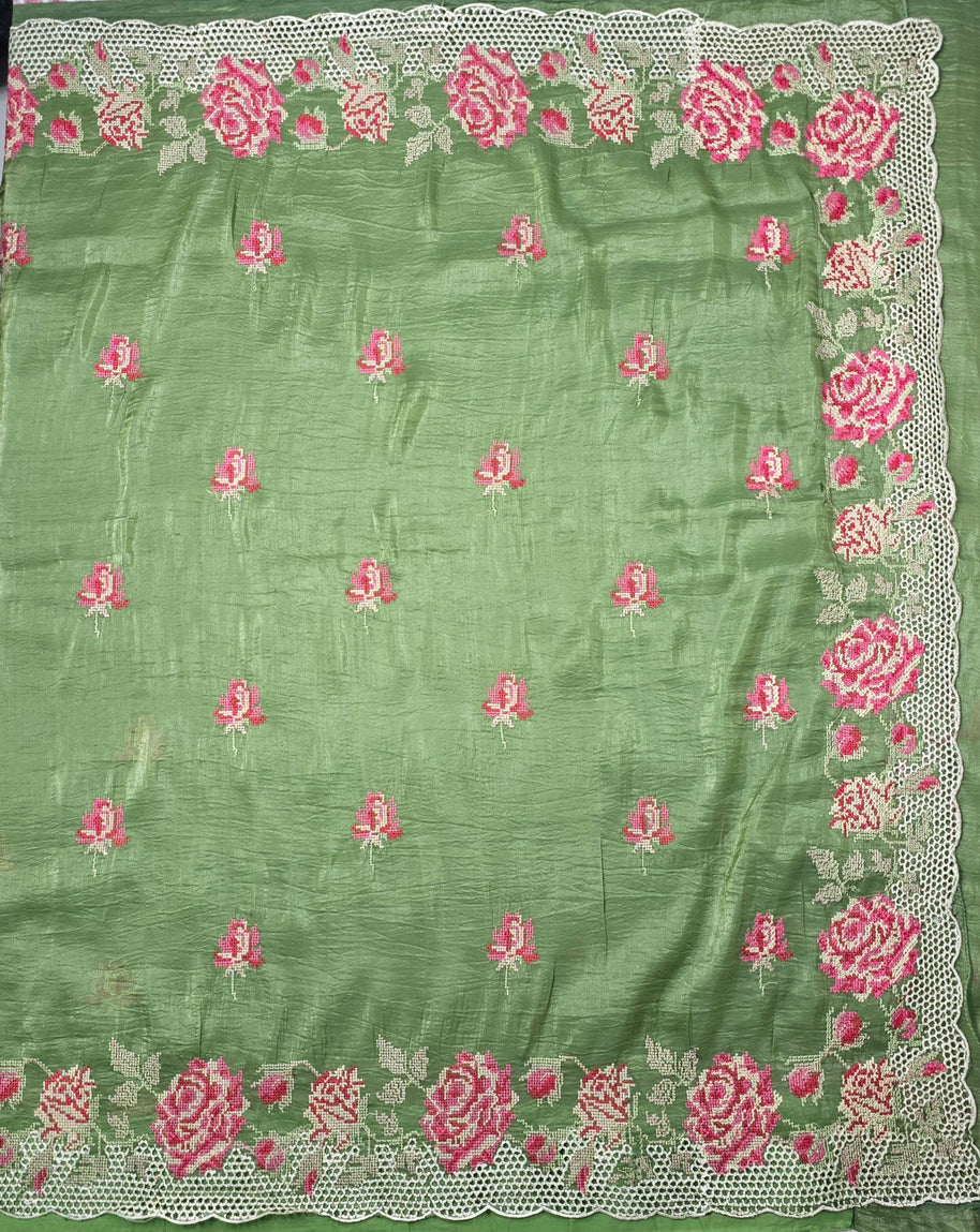 Sage Green Crush Organza Saree with Matching Blouse