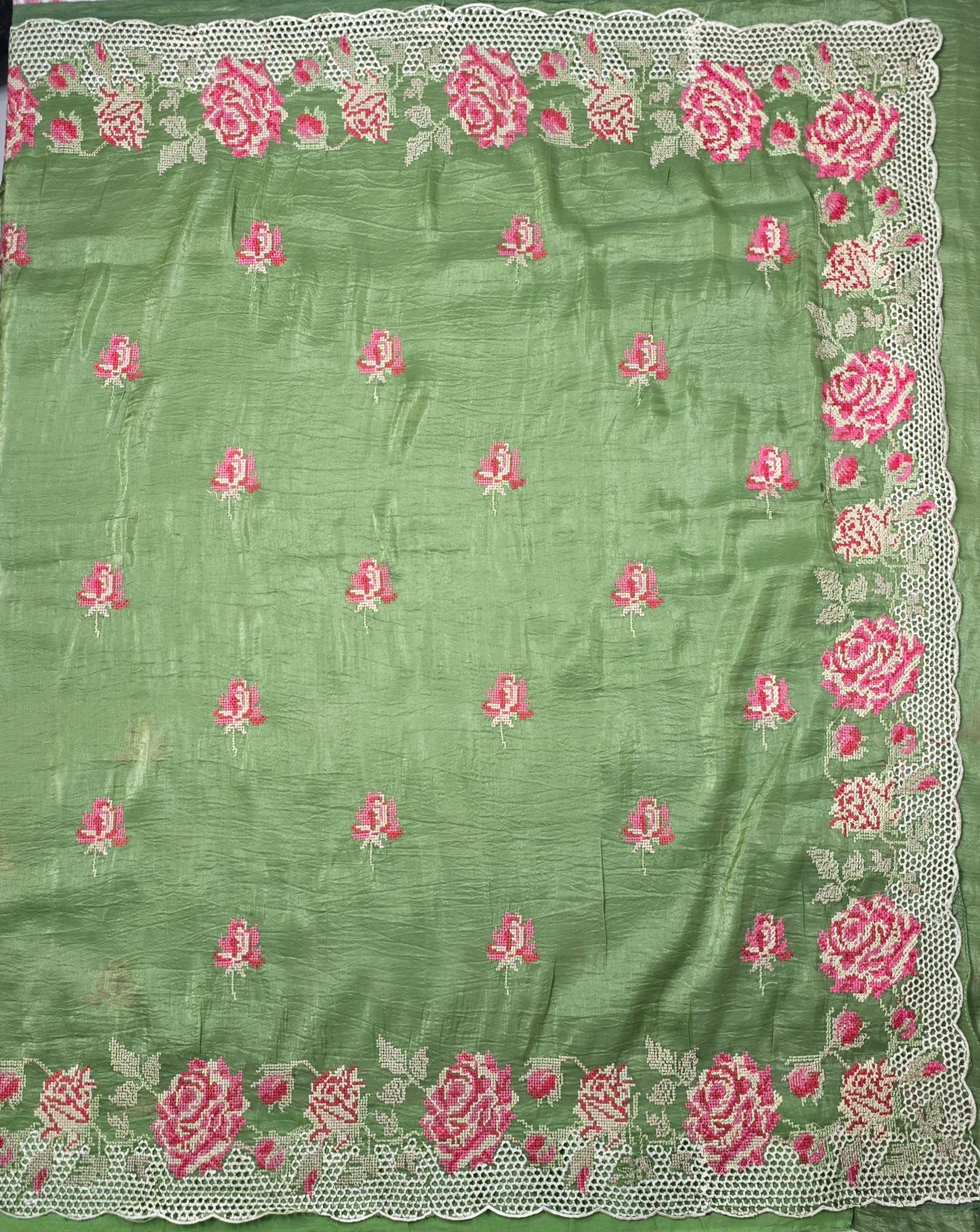 Sage Green Crush Organza Saree with Matching Blouse