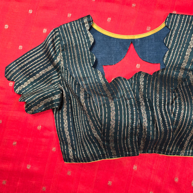 Burnt Orange Tusser Georgette Saree With Green Blouse