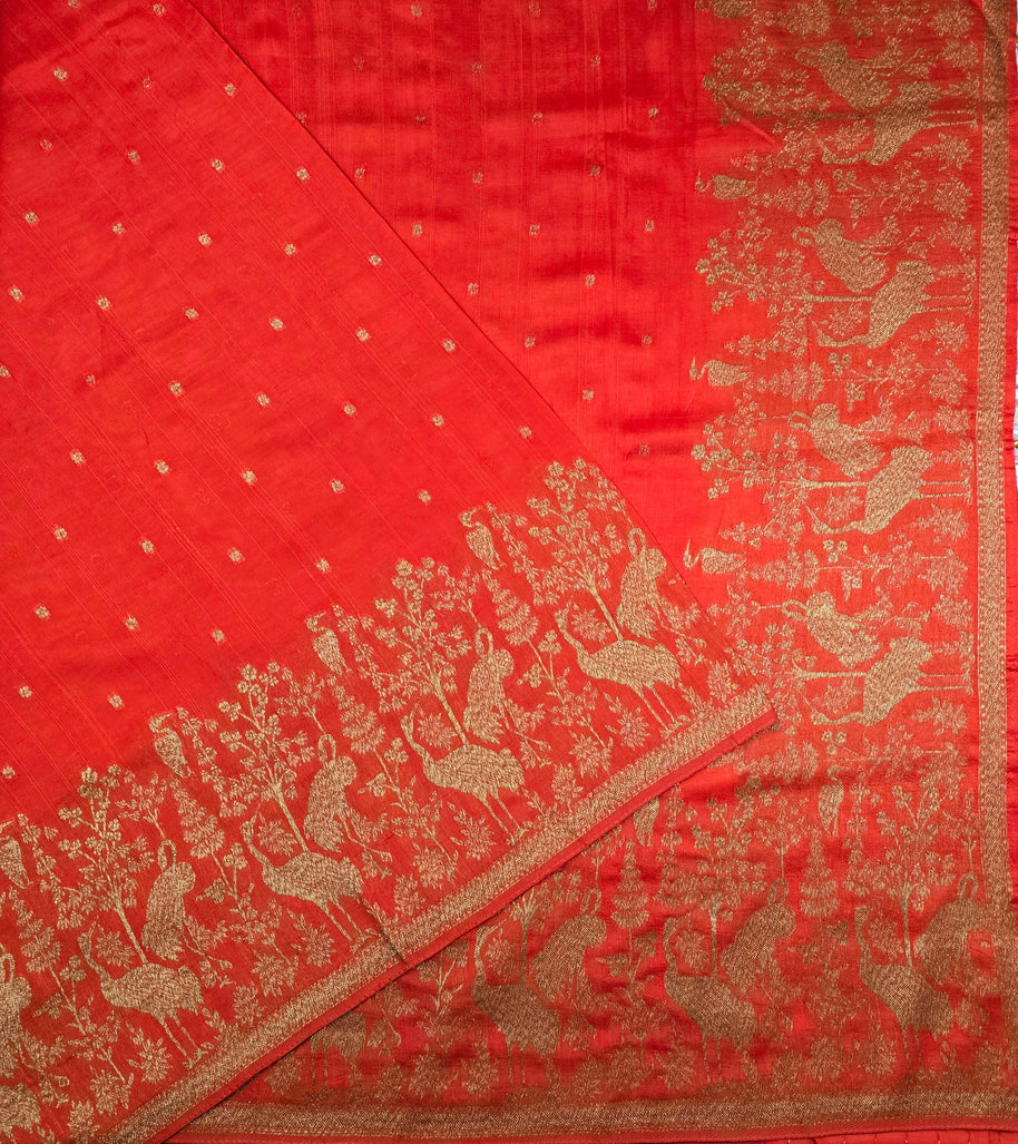 Burnt Orange Tusser Georgette Saree With Green Blouse