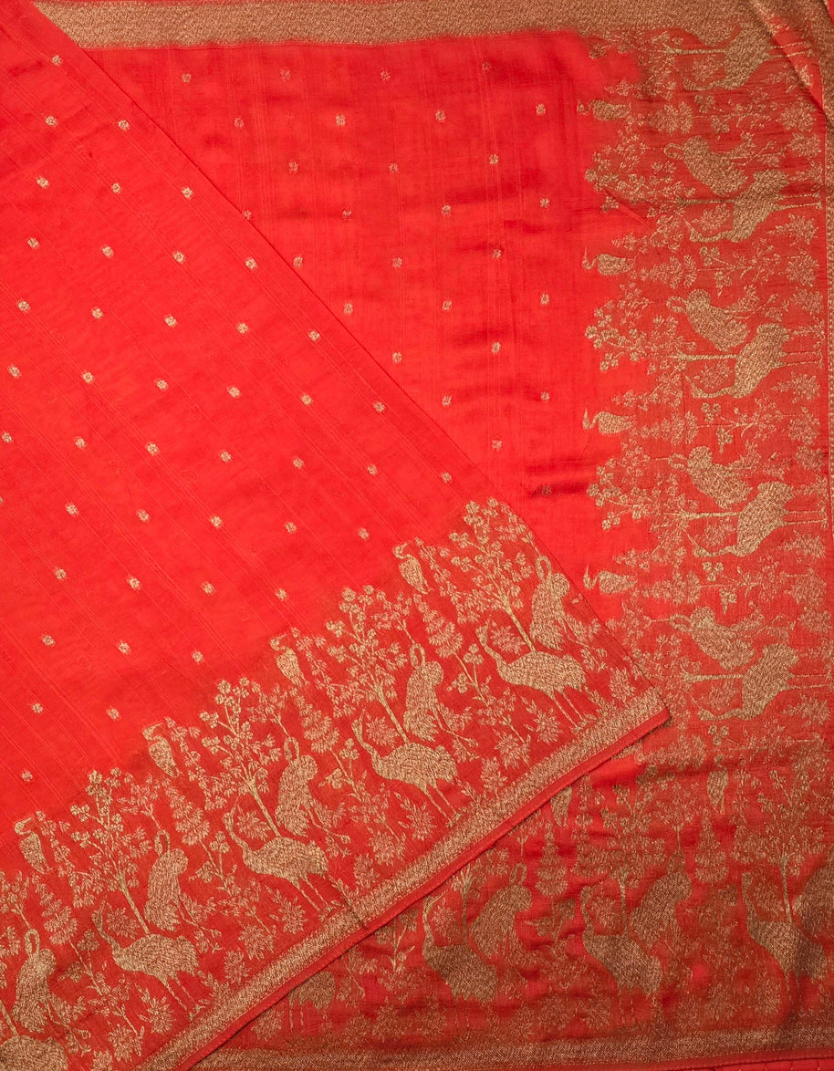 Burnt Orange Tusser Georgette Saree With Green Blouse