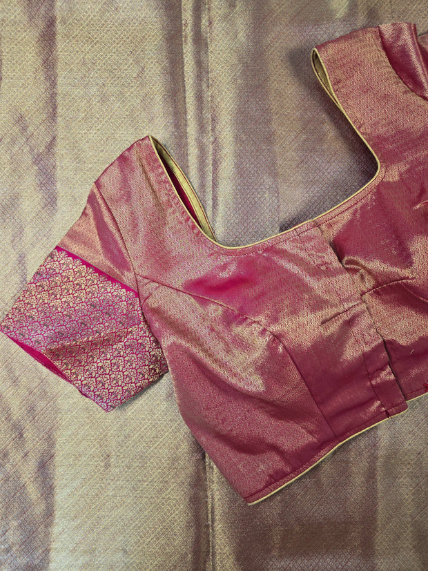 Gold Semi Kanchi Saree With Pink Blouse