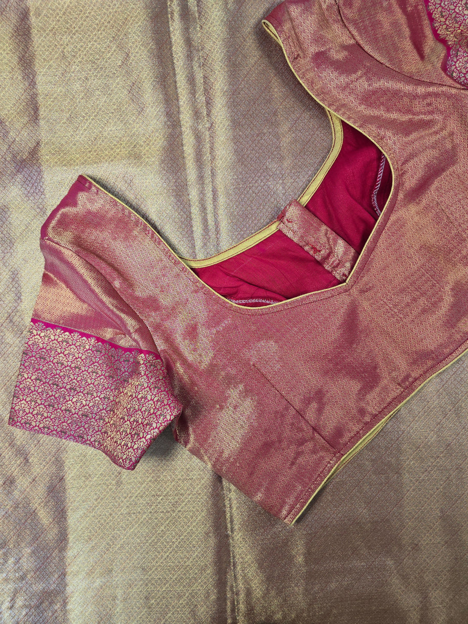 Gold Semi Kanchi Saree With Pink Blouse