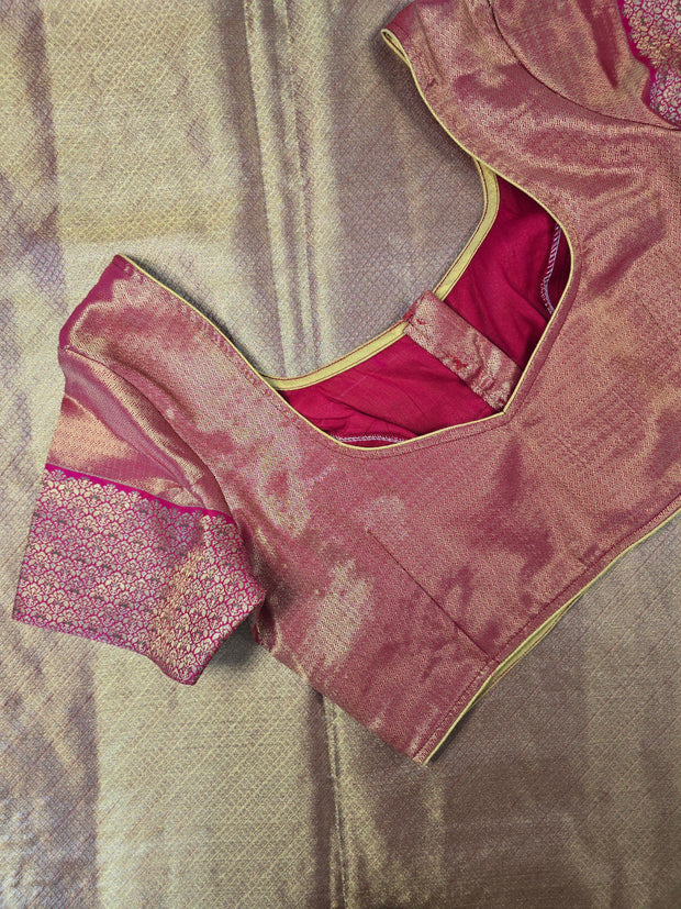 Gold Semi Kanchi Saree With Pink Blouse