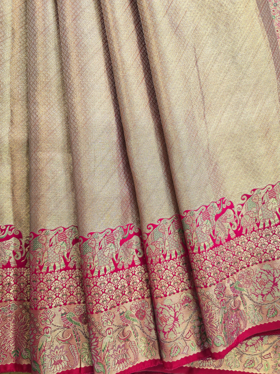 Gold Semi Kanchi Saree With Pink Blouse