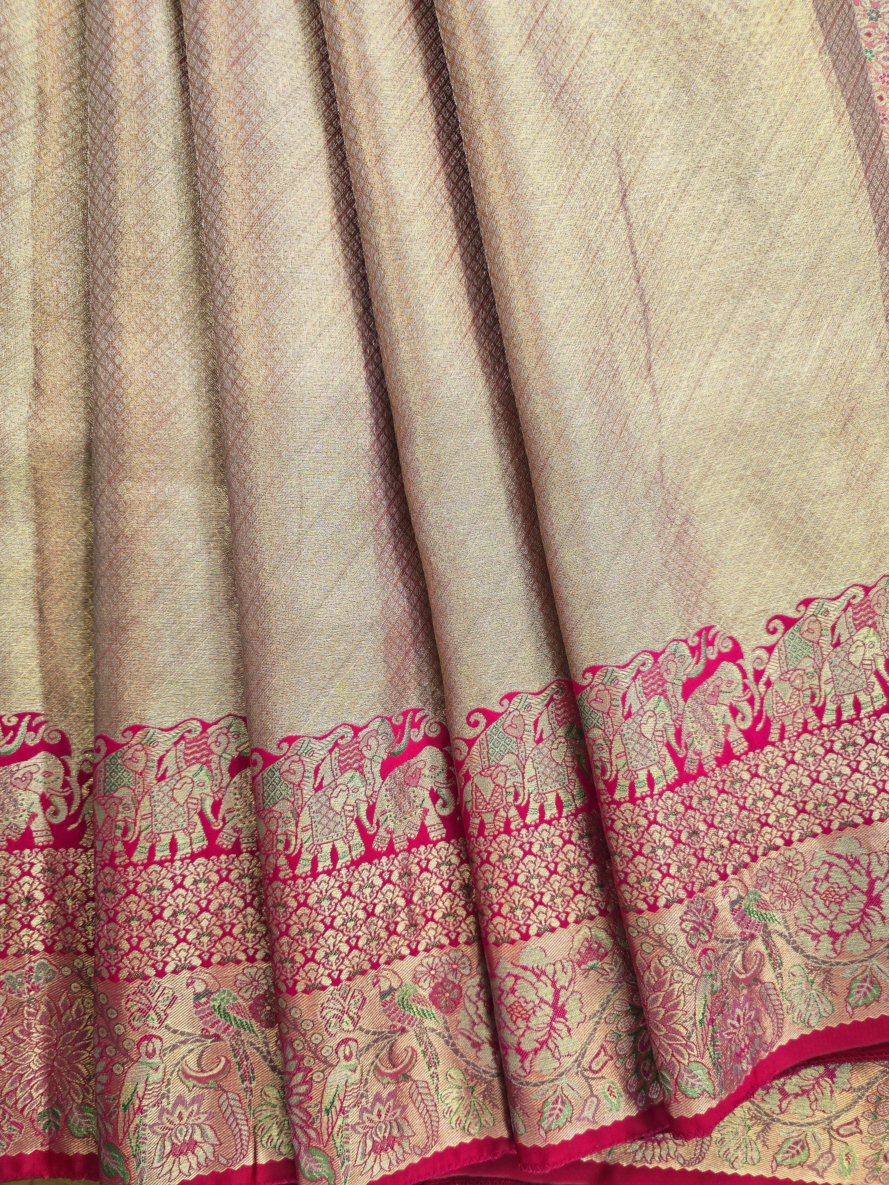 Gold Semi Kanchi Saree With Pink Blouse