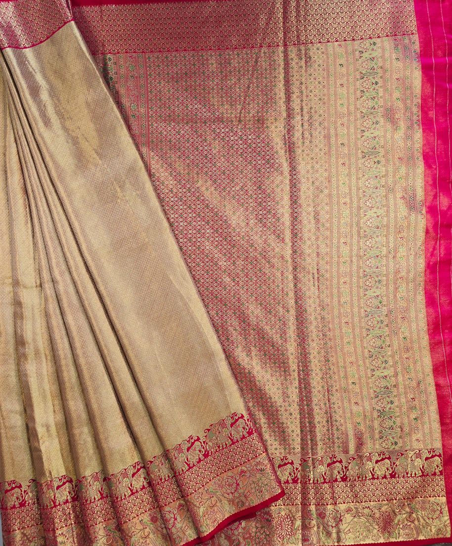 Gold Semi Kanchi Saree With Pink Blouse