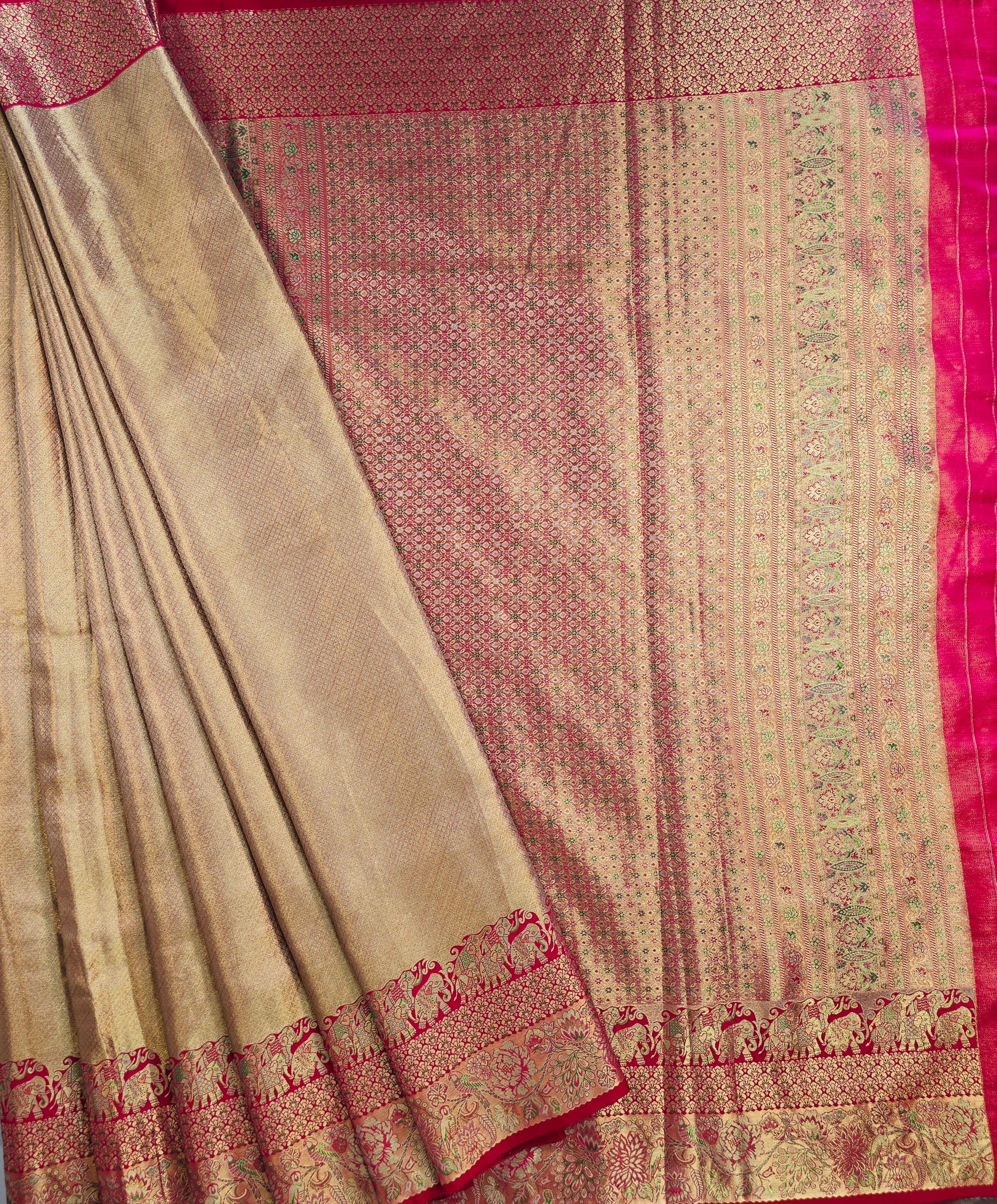 Gold Semi Kanchi Saree With Pink Blouse