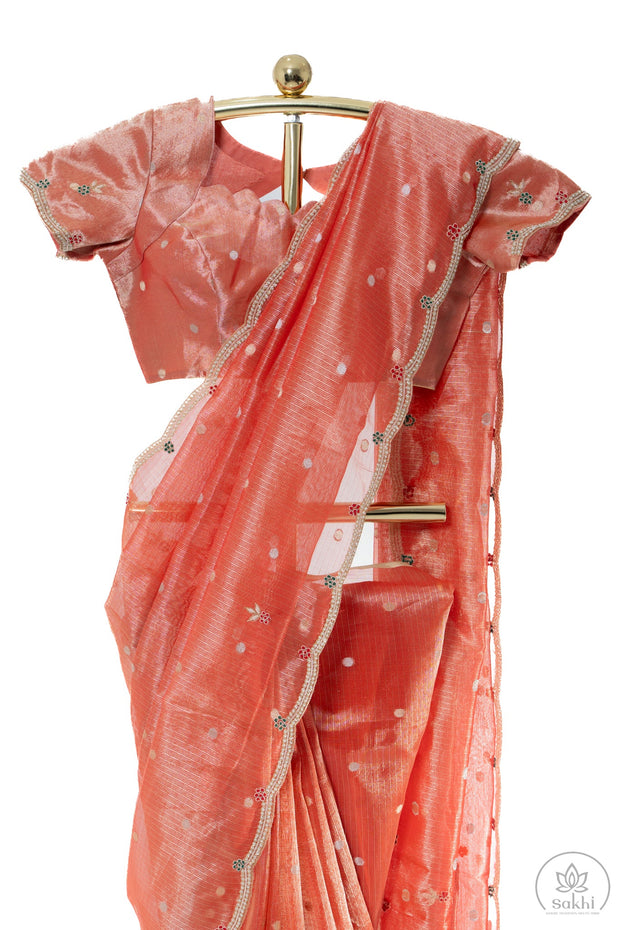 Red Kota Tissue Saree with Matching Blouse